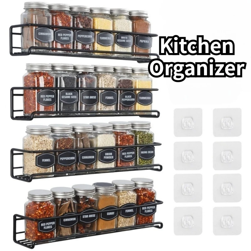 Estante de metal para especias de cocina, estantes de almacenamiento montados en la pared, organizador de salsas sin necesidad de taladrar, estante de almacenamiento para tarros de especias para el hogar y restaurante, 2 uds.