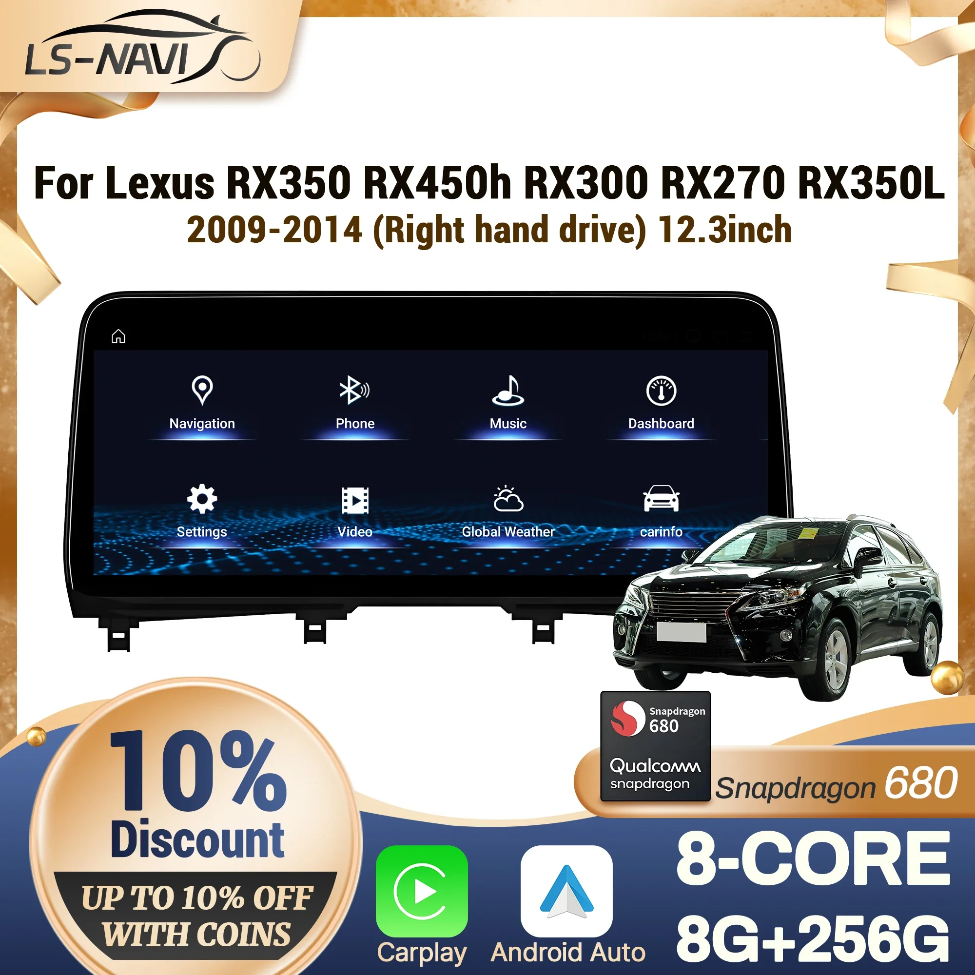 

12.3"RHD For LEXUS RX350 RX450h RX300 RX270 RX350L 2009-2014 Car Radio Wireless CarPlay Multimedia Snapdragon 680 Screen