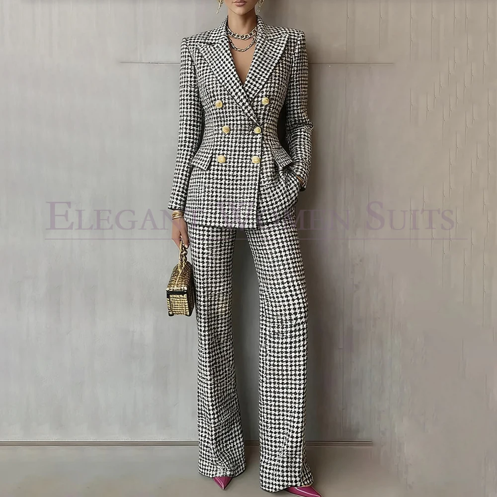 Classic Vintage Women's Suits Elegant Double Breasted Peak Lapel Slim Fit 2 Piece Jacket Pants Fashion Female Clothing