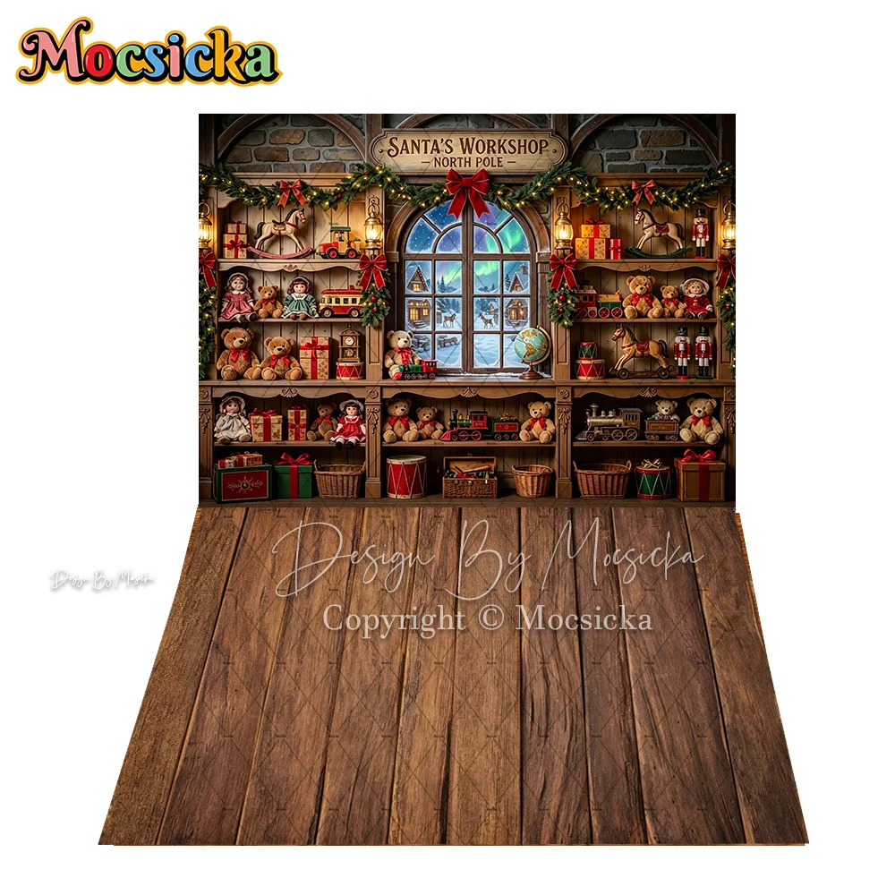 Mocsicka Christmas Santa Workshop Backdrop Photography North Pole Corner Toy Bear Gift Background Kid Family Holiday Photobooth