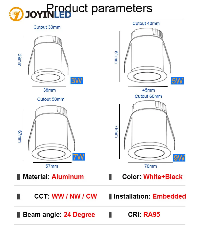 Embedded LED Mini Spotlight Household Anti-glare Non-main Light Cabinet Lighting 3W5W7W9WLED Spot Downlights