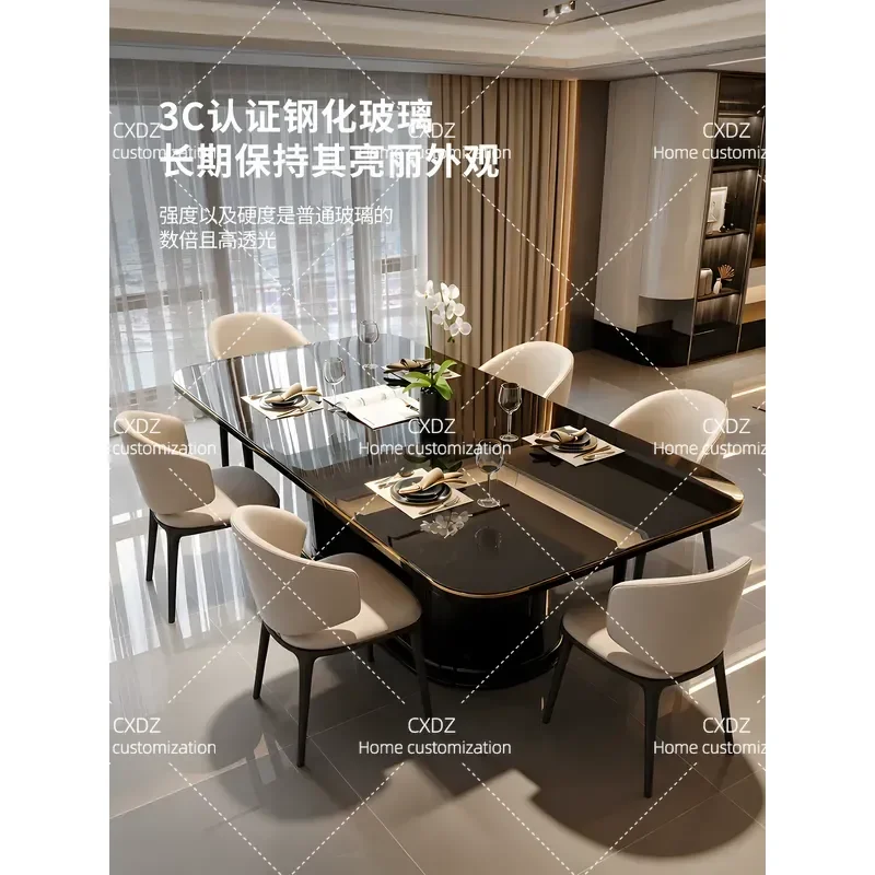 Italian Minimalist Rectangular Dining Table and Chairs Set with Tempered Glass Top High Gloss Finish for Large Apartment