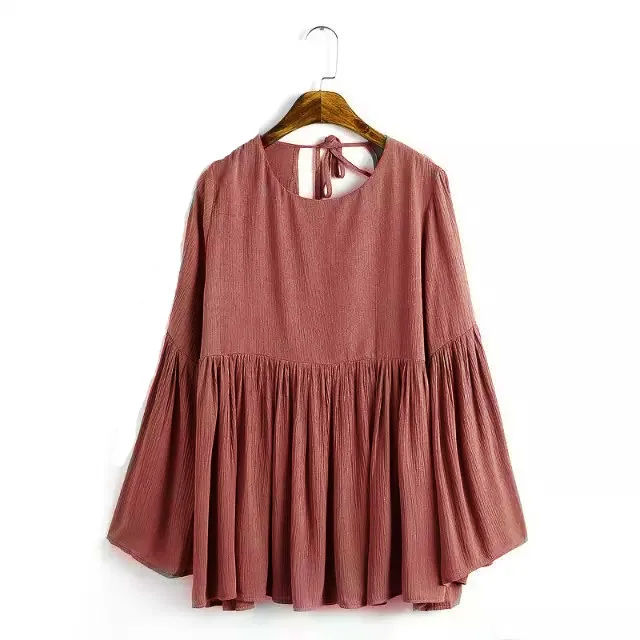 Summer Autumn women cotton linen long sleeve shirts, Flare sleeve linen blouse,deep V sexy blusas plus size vintage shirts view 6