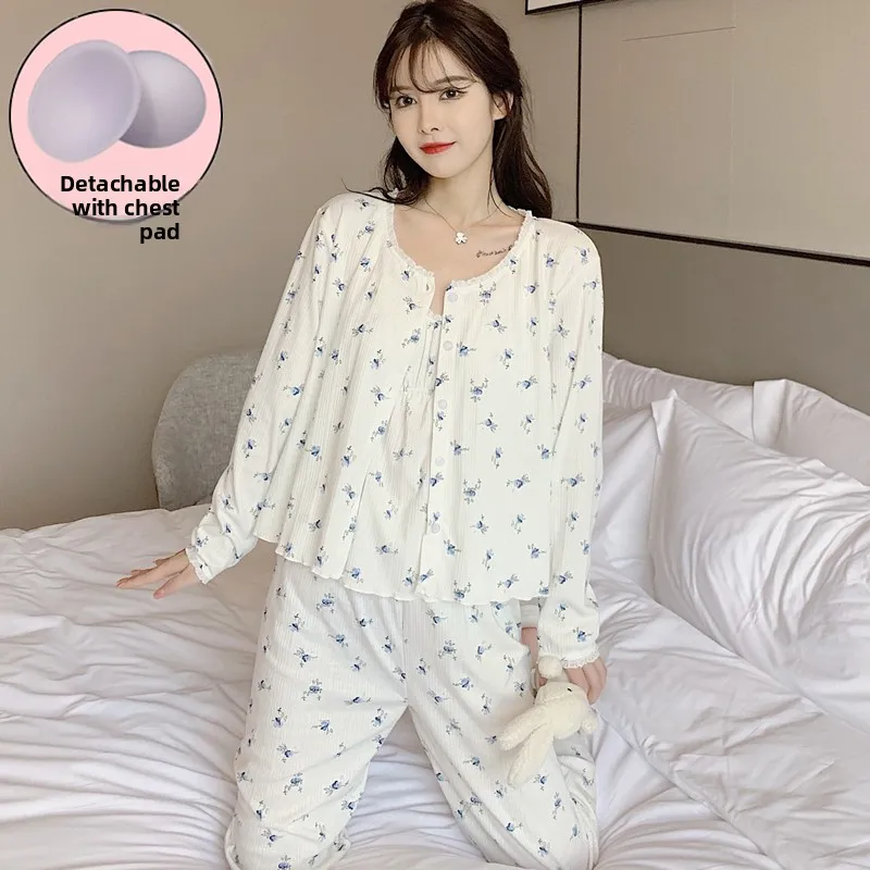 

Комплект из чистого хлопка Long Sve для женщин, весенне-осенне-зимняя футболка, домашняя одежда, милый комплект с V-образным вырезом и пуговицами спереди