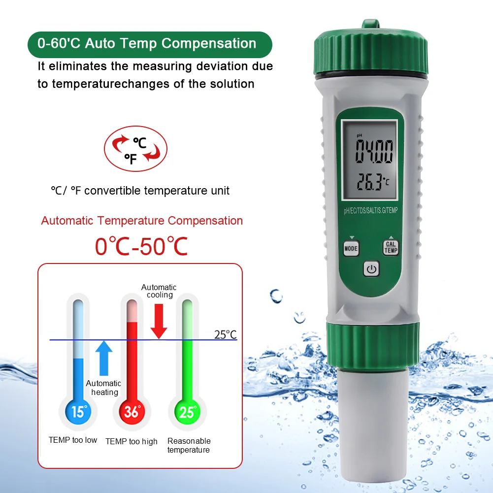 Nowy miernik zasolenia 0-199 PPt 6 w 1 PH EC TDS sól S.G TEMP woda akwariowa miernik jakości ATC wielofunkcyjny Monitor przewodności