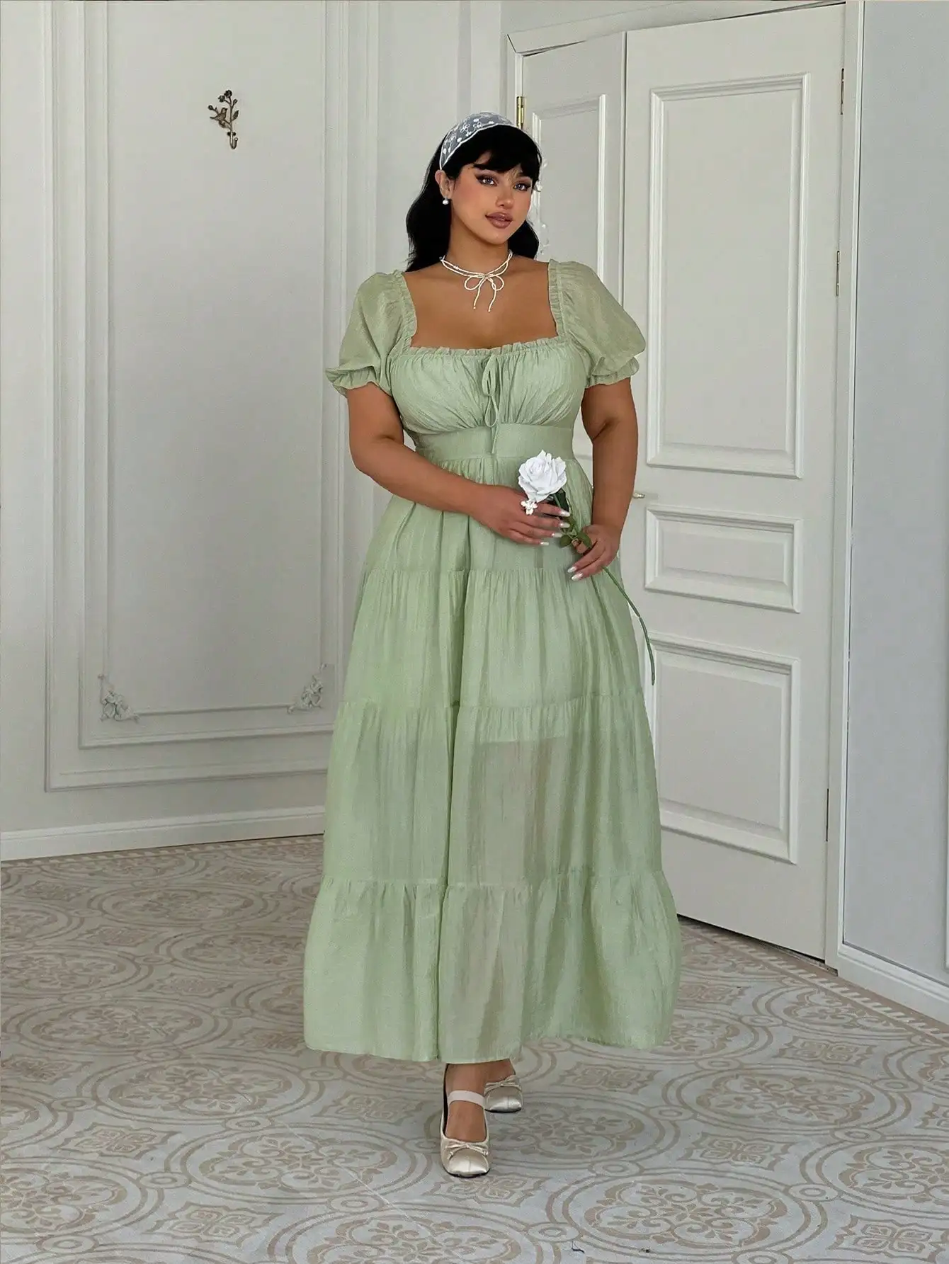 

Modest Plus Size French Ruffle Bow Tie Waist Maxi Dress Light Green Summer Elegant Casual Dress