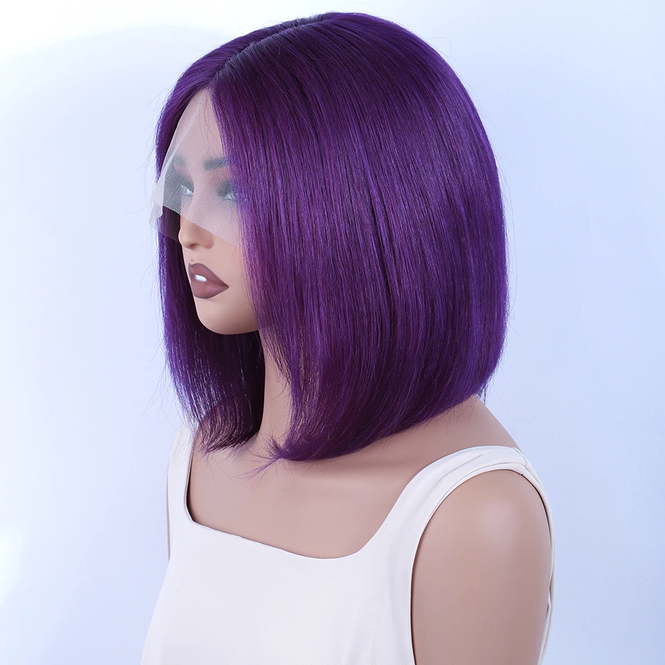 Peruvian Straight Short Bob Wig 13*5*2 T Part Lace Front Human Hair Wigs 180% Density Purple Color Lace Front Human Hair Wigs