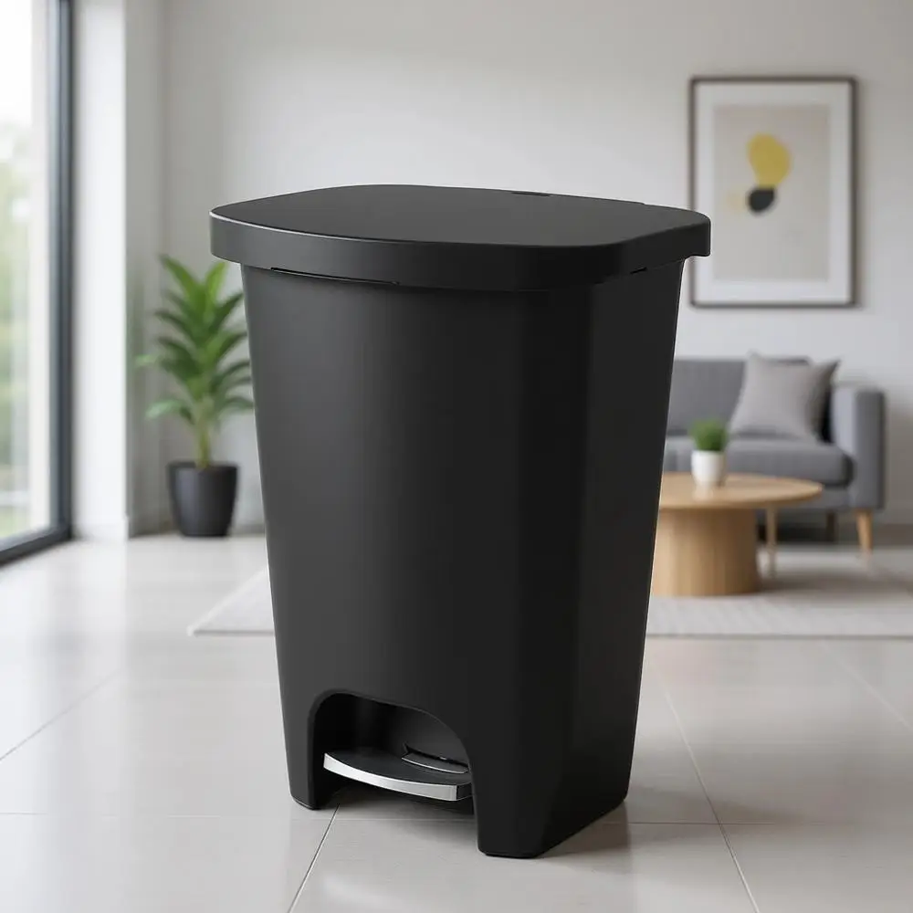 

13 Gallon Plastic Kitchen Trash Can with Odor Control Lid, Stainless Steel Pedal, and Bag Rings, Black