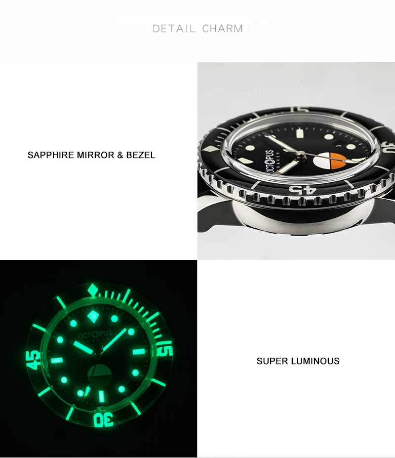 Octopus Men Automatic Watch 40mm Sport Mechanical Wristwatch Diver 30Bar Waterproof 40mm C3 Luminous Sapphire Bezel PT5000 SW200
