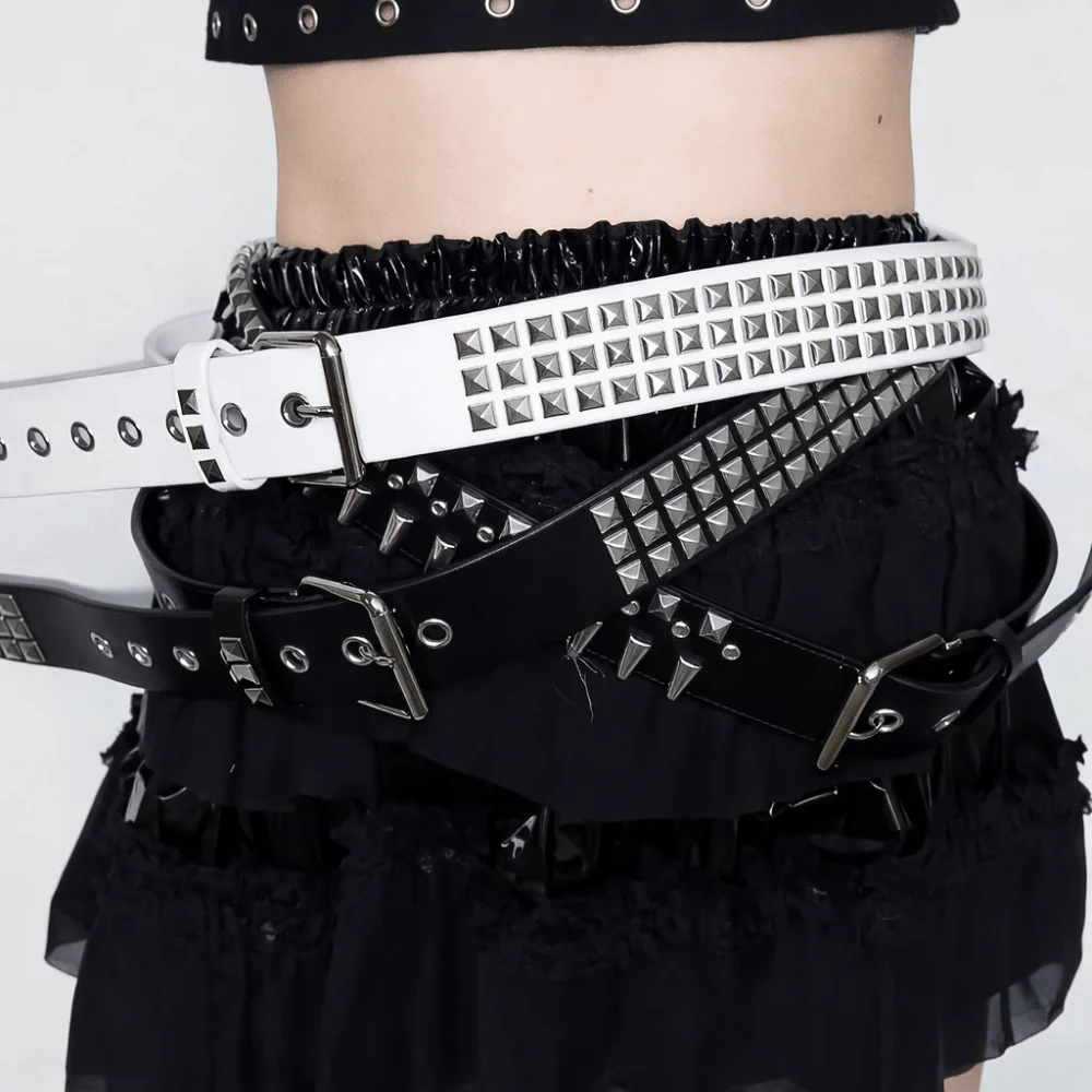 Vintage Punk Rivet Belt Stainless Steel Buckle PU Leather Metal Gothic Waistband Decorative Metal Y2K Pyramid Belt Nightclub