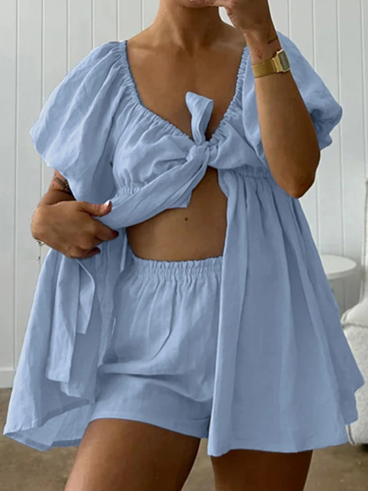 

Sweet Cute Lace Up Top And Shorts 2pc Set New 2026 Fashionable Solid Color Vacation Beach Outfit Leisure Deep V-neck Loose Suit