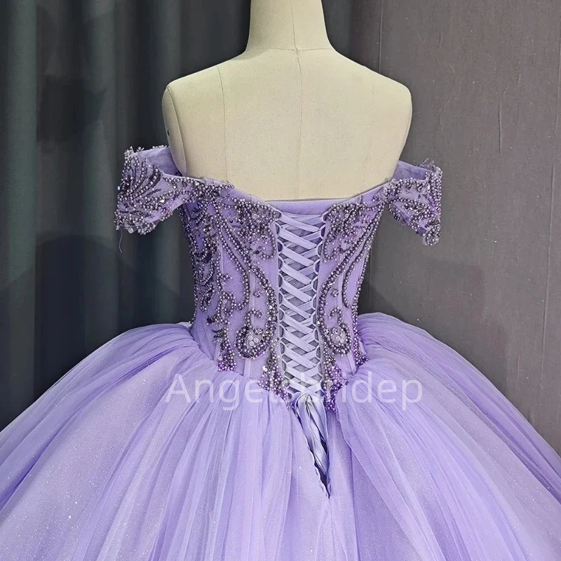 Angelsbridep gaun bola Lavender berpayet manik-manik Tulle Bling gaun pesta malam Vestido De 15 Anos