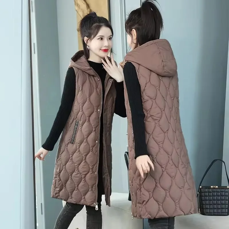 

2024 Winter New Long Down Cotton Waistcoat Women Sleevless Warm Hooded Casual Vest Ladies Jacket Loose Zipper Parkas Outerwear