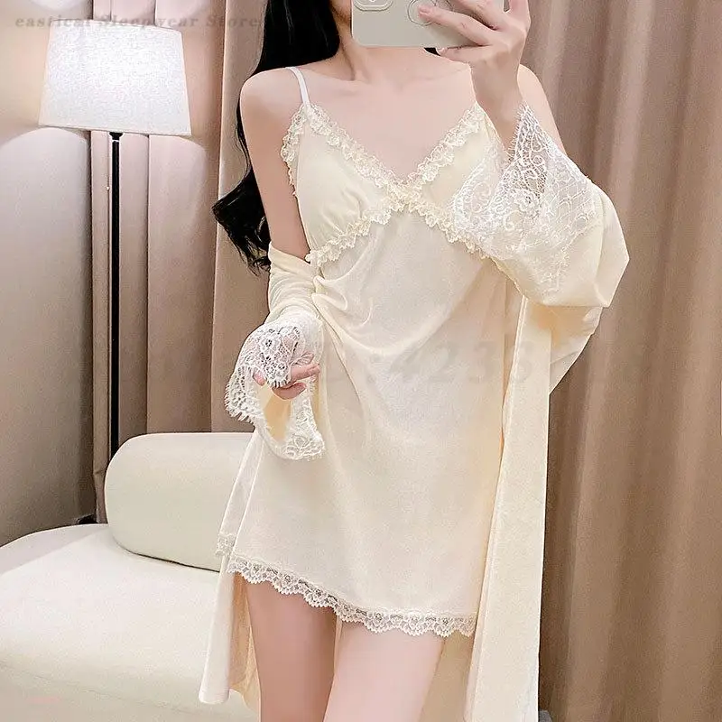 

Autumn Winter Female Velvet Sleepwear Twinset Robe Set Sexy Lace Bathrobe Spaghetti Strap Nightgown Homewear Loose Loungewear
