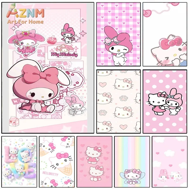 My Melody Hello Kitty Canvas Poster Cute Sanrio Cartoon Print Unframed Canvas Art Pink Heart Polka Dot Sweet Aesthetic Wall