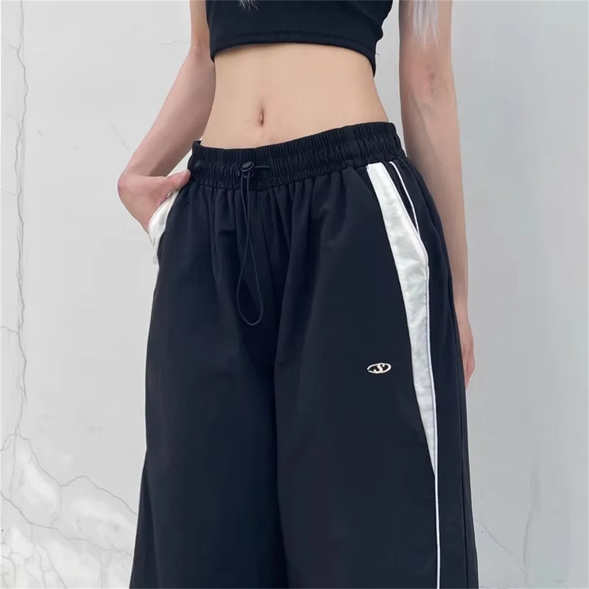 Damen Casual Weite Cargo-Hose mit Kordelzug, Einfarbig, Streetwear, Elastische Taille, Jogginghose, Lose Hip-Hop-Baggy-Hose – Detail 12