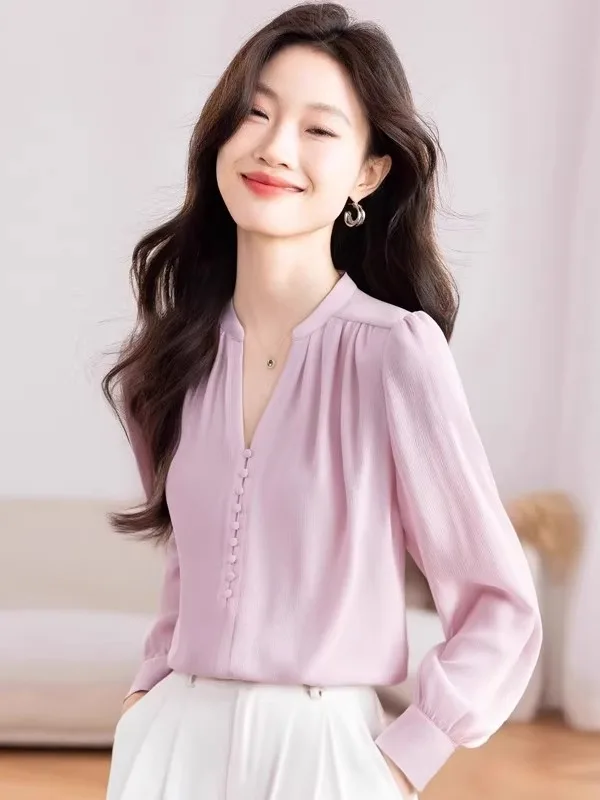 

Loose V-Ne Long Sve Women's Chiffon irt Spring Autumn New Sle Faionable Slimming Top French Sle Button Detail