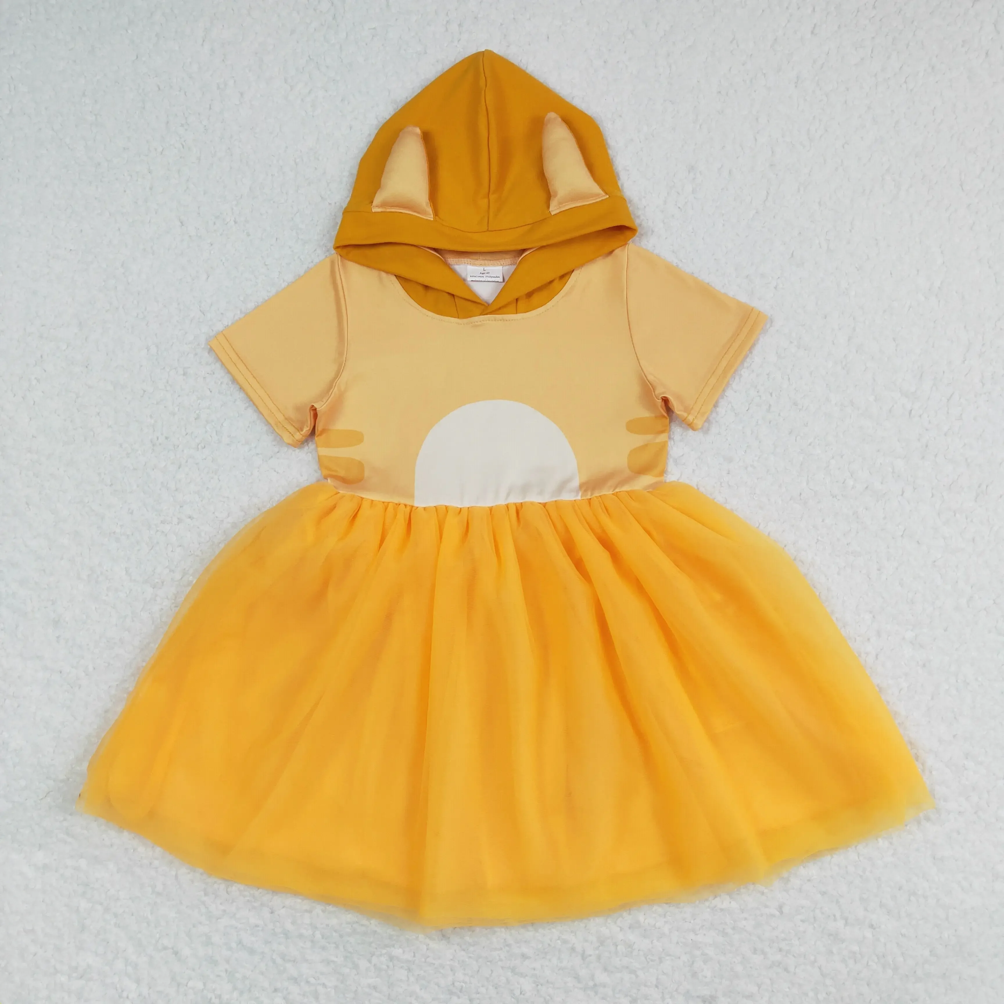 GSD0998 Fashionable Kids Girls Dresses  Short Sleeves Top Orange Tulle Hood Print  With Dress  Children Clothes