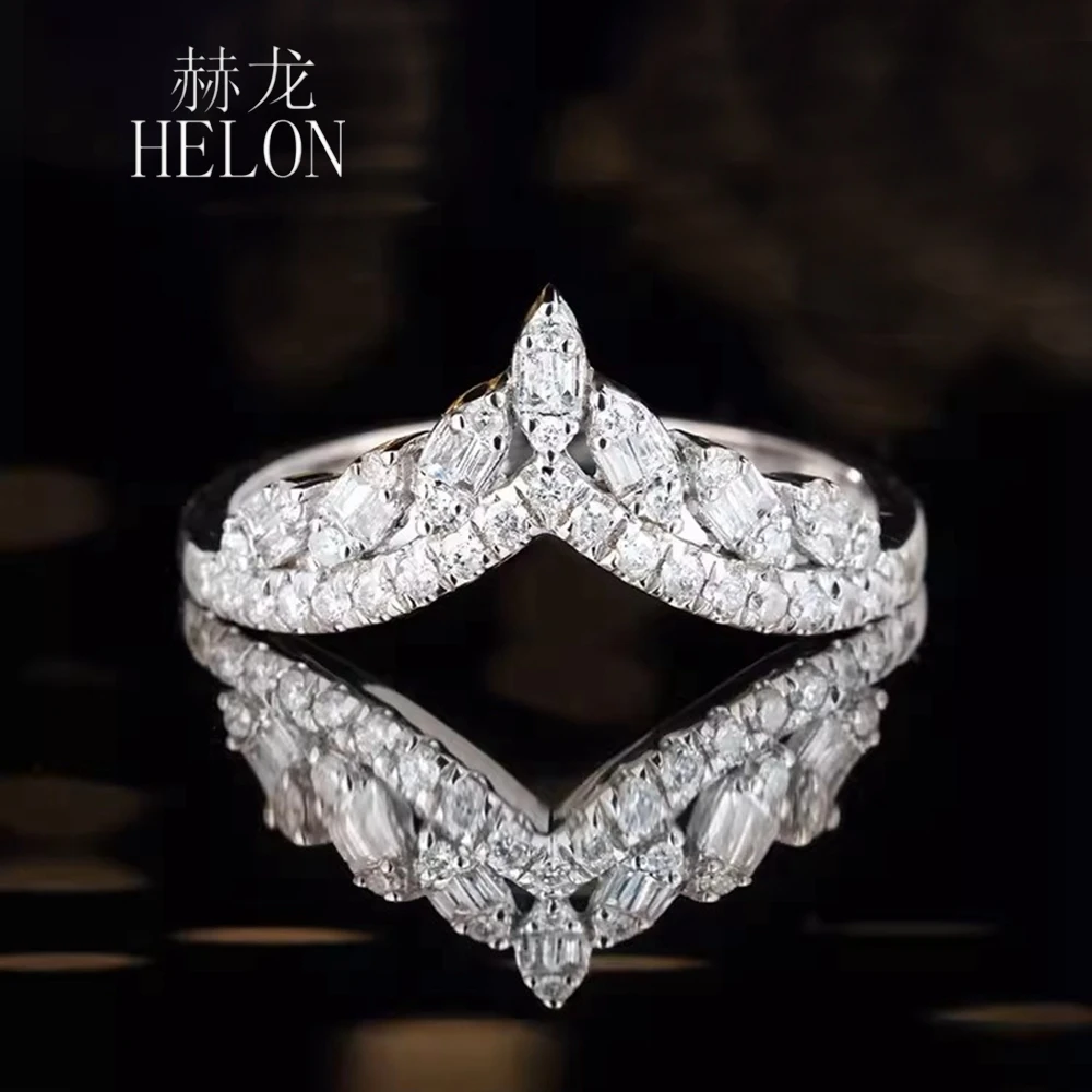 

HELON Solid 18K White Gold Ring Real Natural Diamonds Ring V Shape Design Wedding Band for Women Bridal Stacking Matching