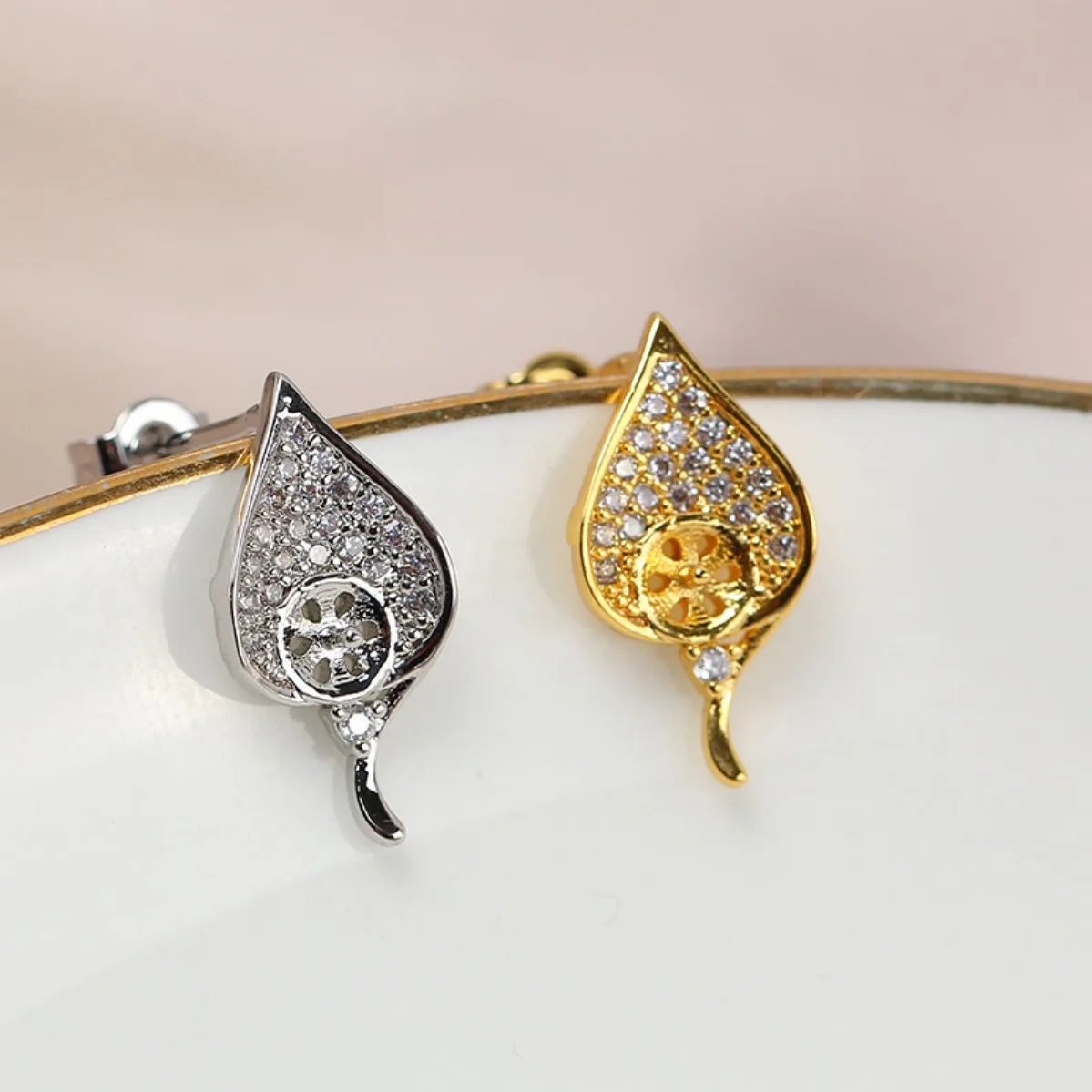 Elegant Versatile Leaf Zircon Stud Blank Setting 14K Gold Plated S925 Silver Needle, Ladies DIY Pearl Earring Findings