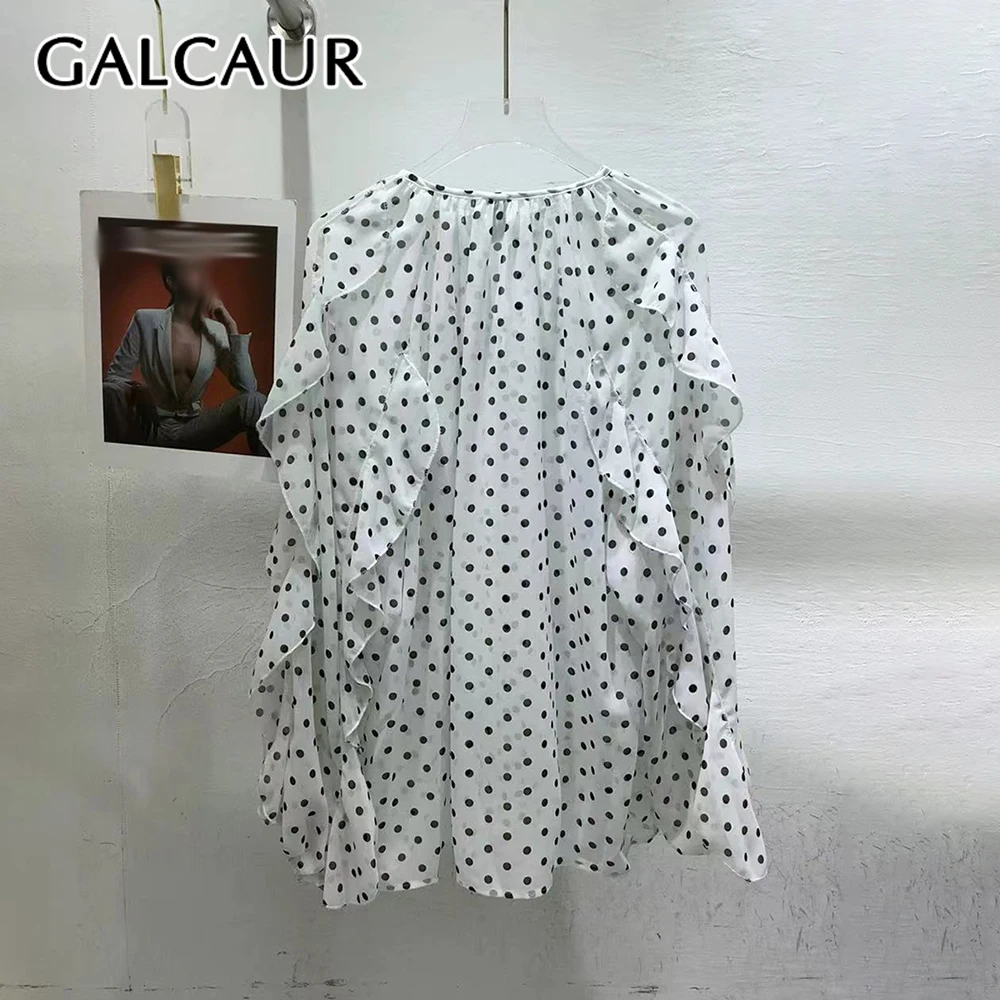 

GALCAUR однотонная рубашка в горошек, женская рубашка с круглым вырезом и длинным рукавом, свободные элегантные интеллектуальные женские рубашки, осенняя мода, новинка