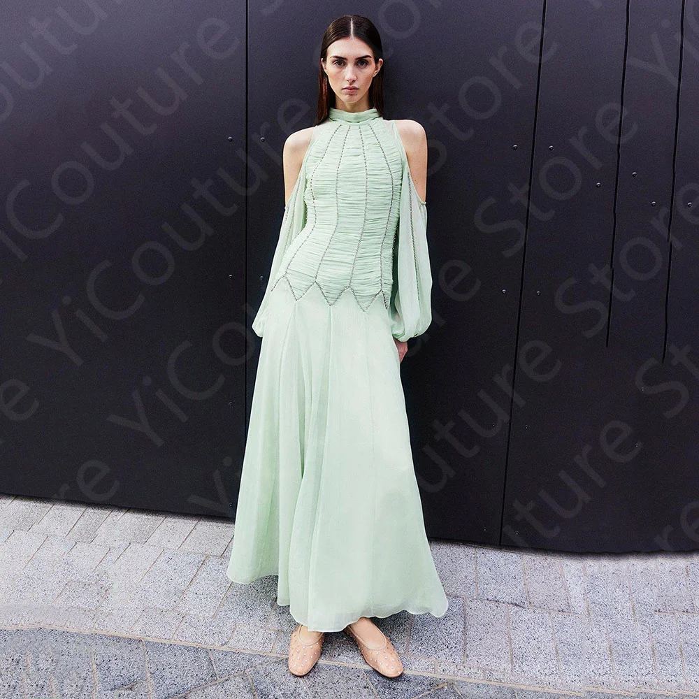 Customized Charming Mint Evening Dresses 2025 Arabic Prom Gowns Off Shoulder Sleeves Wedding Party Dresses High Collar Beading image 2