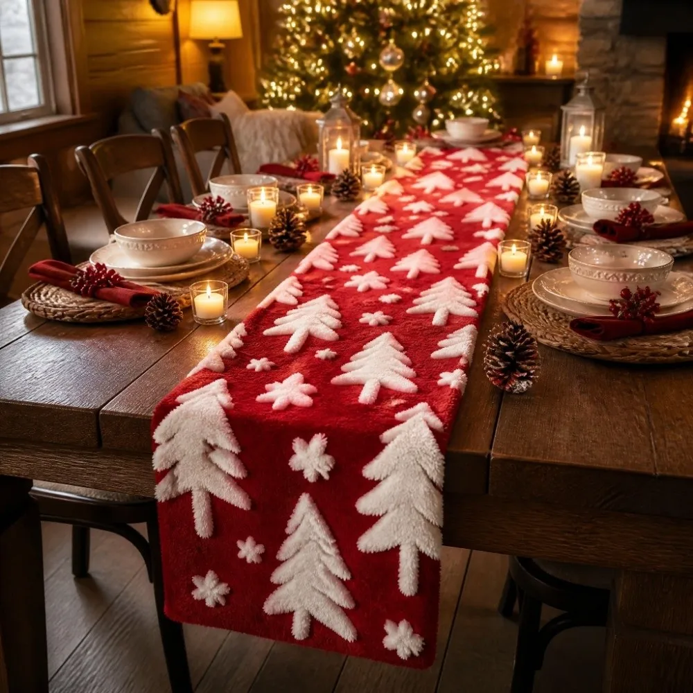 Practical Soft Christmas Tree Print Table Runner Reusable Festival Holiday Table Flat Rectangular Dinning Table Cover Winter