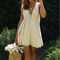 Elegant Fashion Harajuku Slim Fit Female Clothes Loose Casual All Match Short Skirt Solid V Neck High Waist Sleeveless Dresses