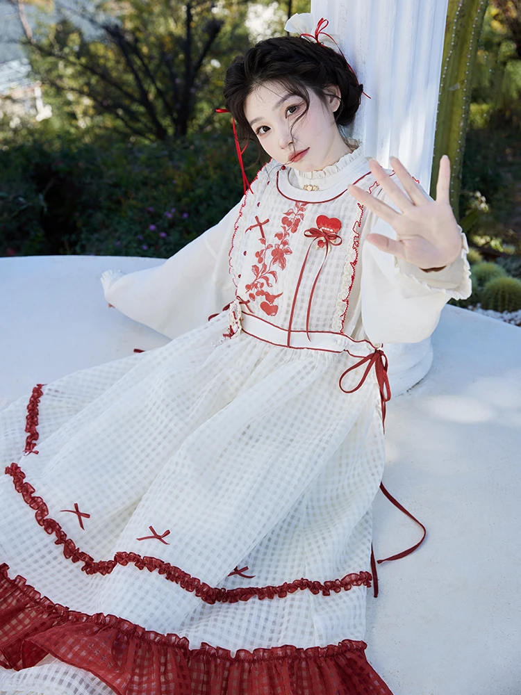 

July Evening Original Red Lip Buttoned Layered Hanfu Set Early Spring Women's Stand Collar ort irt Han Costume Ensemble