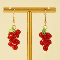 Sweet Retro Red Grape Earrings Female Fresh Summer Theme Fruit Design Dangling Drop Earrings Girls Versatile Fashion Accessories