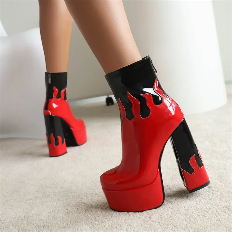 Red Flame Mixed Color Platform Ankle Boots Women High Chunky Heels Pink White Party Ladies Autumn Winter Punk Zipper Short Boots