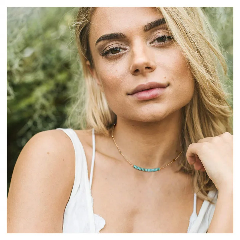 

ITSMOS Turquoise Beads Bar Necklace Satellite Beaded Curb Ball Chain Choker Handmade Pendant Jewelry Adjustable for Women