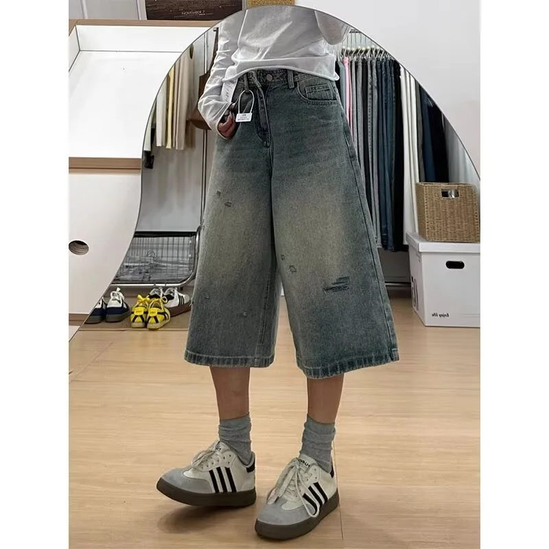 Women's Light Blue Distressed Denim Culottes, High Waist Wide Leg Cropped Jeans, Casual Loose Fit Summer Shorts