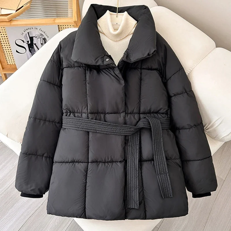 2024 With a Belt Jacket Women Winter Parkas Solid Thicken Warm Female Snow Wear Coat Cotton Padded Loose Clothes