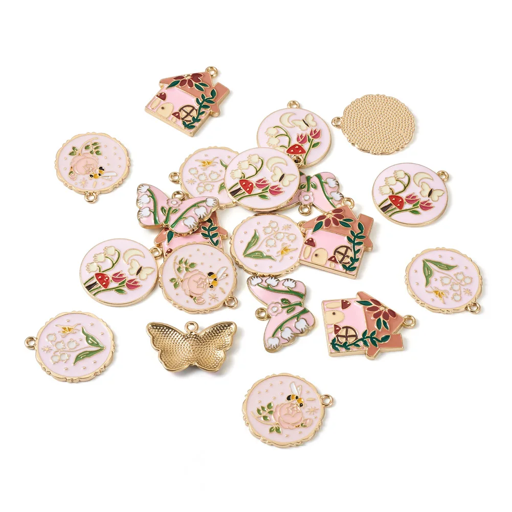 

Pandahall 20Pcs 5 Style Butterfly with Tulip House Rack Plating Alloy Enamel Pendants Metal Charms For Necklace Jewelry Making