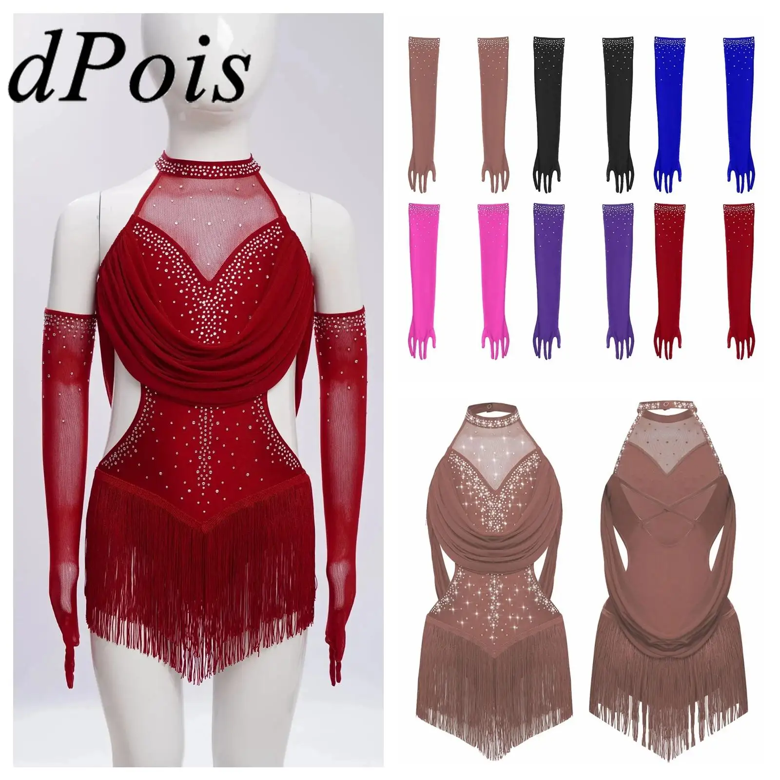 

Kids Girls Tassel Skirted Leotard + Gloves Latin Dance Costume Accessories Glittery Rhinestones Cha-cha Performance Dancewear