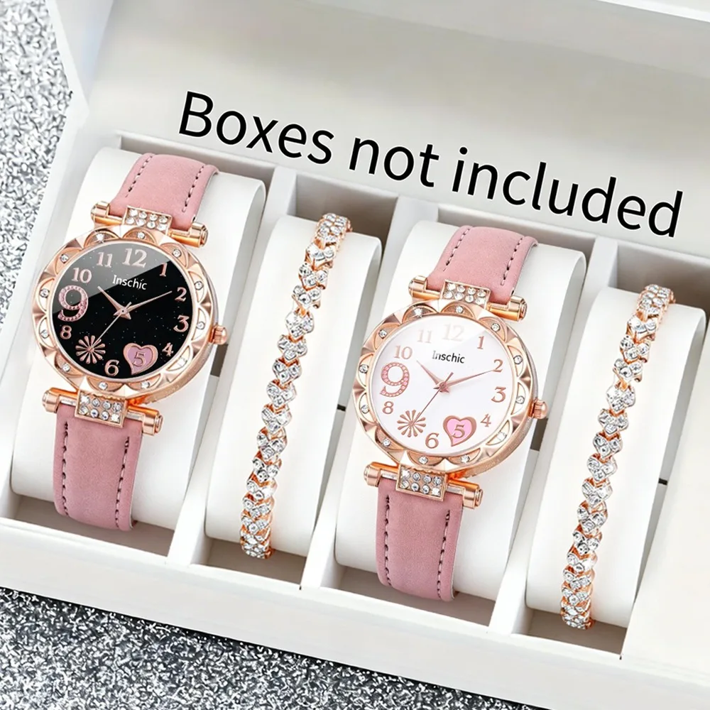 4-Piece Wrist Jewelry Set, Elegant Pink Quartz Watches+ Rhinestone Bracelets | Round Dial with Heart Design