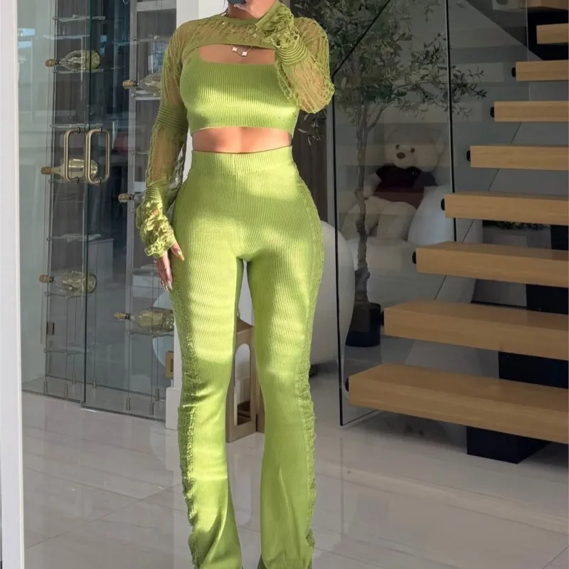 

3 Piece Set for Women Knit Hollow Out Camisole Crop Tops Long Sleeve Cover-ups + High Waist Flare Pants Fall Winter Casual sets