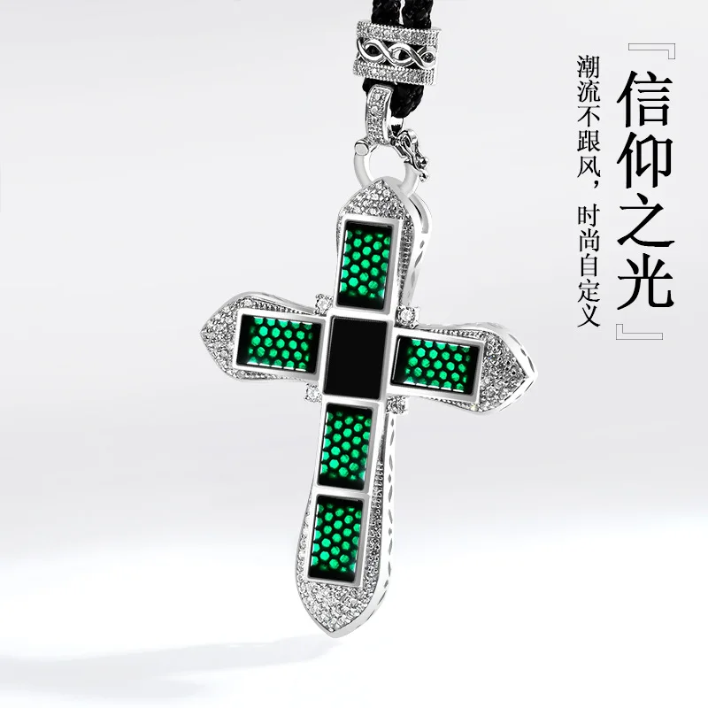 

Natural A Jade Ink Jade Cross Pendant Jade S925 Silver Inlaid Fashion Women's Charms Jewelry With Certificate Drop Shipping