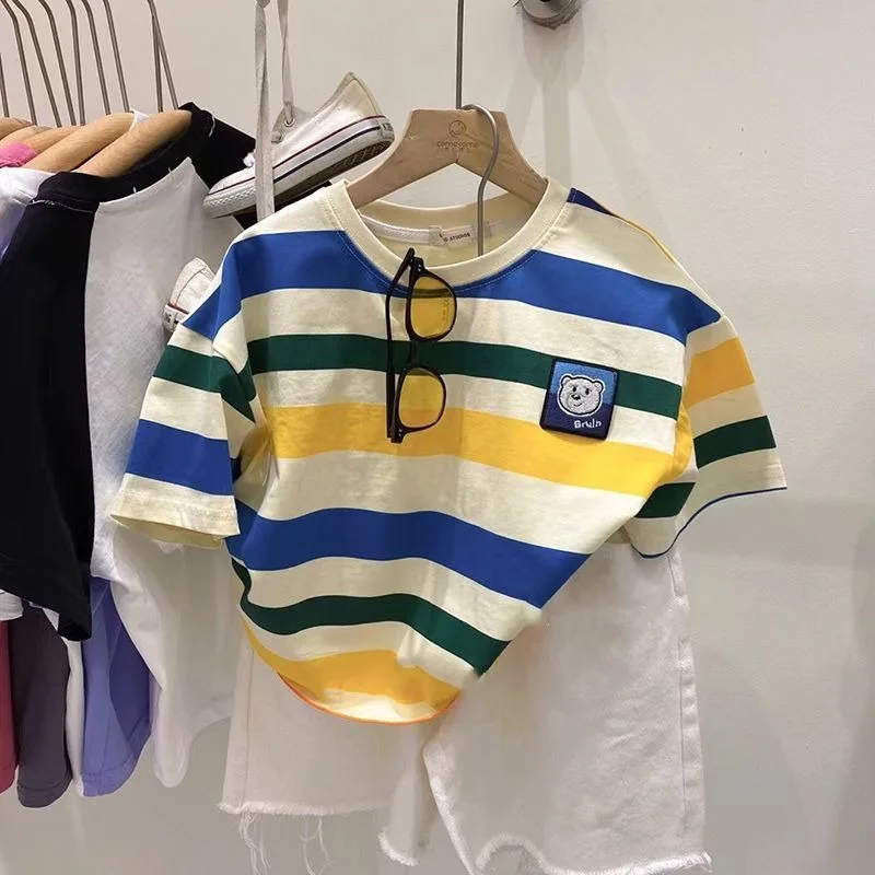 

Boys and Girls Baby Striped Short Sleeved Pure Cotton T-shirt Pullover Round Neck 2024 Summer New Casual Loose Short Sleeved Top