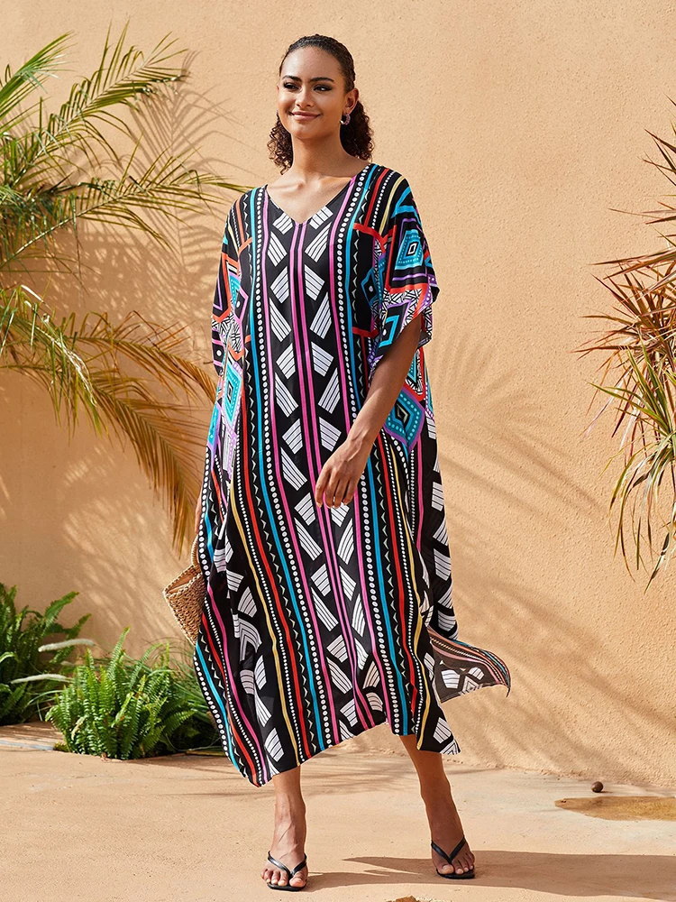 Sunforyou Plus size Kaftan Dress for Women Clolorful Print Beach Cover up Summer Lightweight Bohemian Dress Robe Loungewear