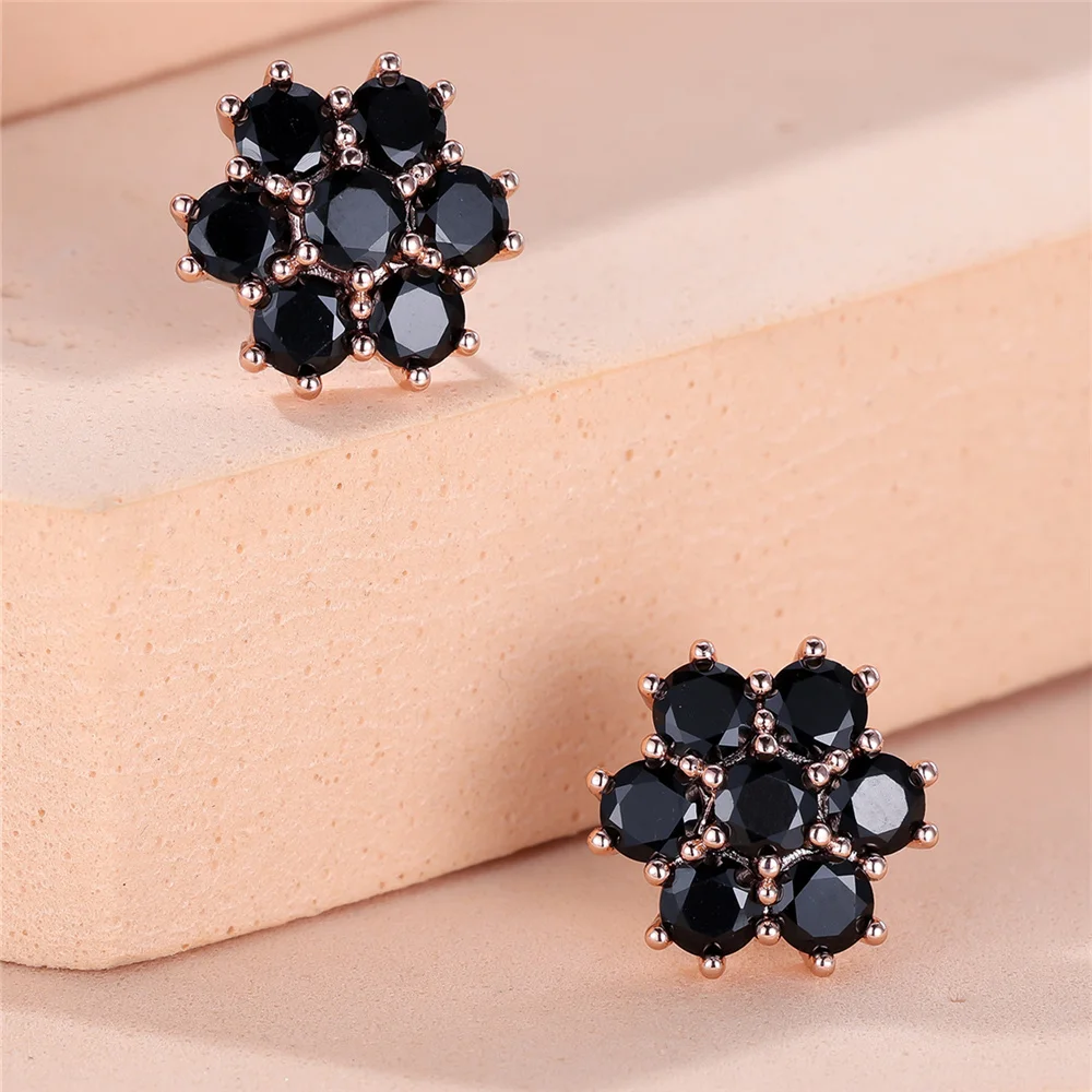 Luxury Female Black Flower Zircon Stone Stud Earrings Cute Rose Gold Color Party Jewelry For Women