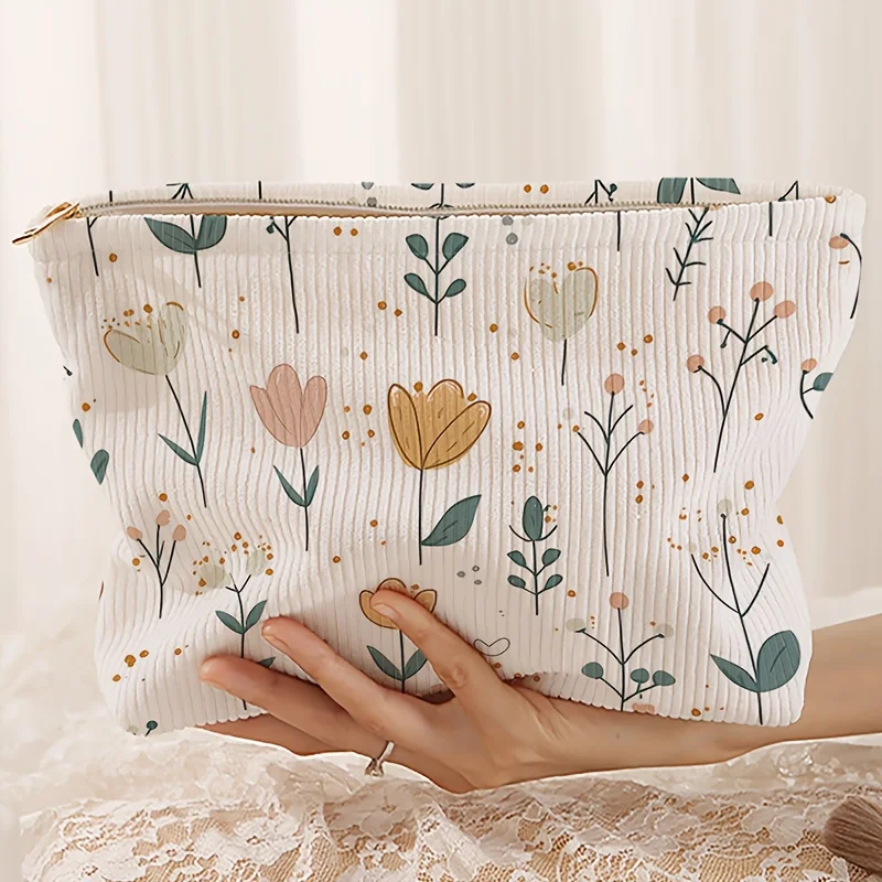 Pastel Wildflower Corduroy Cosmetic Bag Floral Print Zipper Makeup Pouch Large Capacity Travel Toiletry Storage Bag for Women