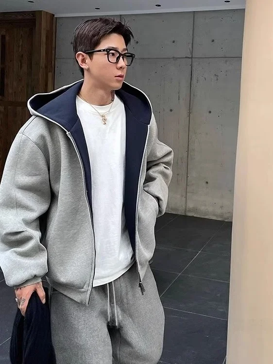 

American Style Heavyweight Zipper Hoodie Unisex New Color Block Loose Casual Autumn Winter Open Cardigan Outerwear