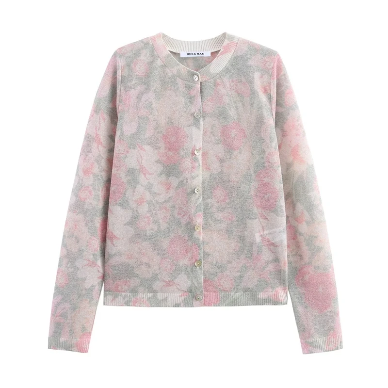 Suéter de punto con estampado Floral y cuello redondo minimalista para mujer, cárdigans folclóricos indios Vintage franceses, Tops para mujer, novedad de 2025