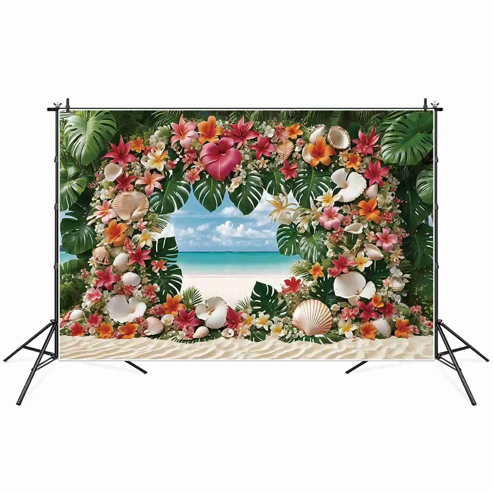 Moon.qg ชายหาดวันหยุดใบไม้เขตร้อนดอกไม้พวงมาลัยใบปาล์มพื้นหลังที่กำหนดเองอุปกรณ์เสริมสำหรับงานปาร์ตี้