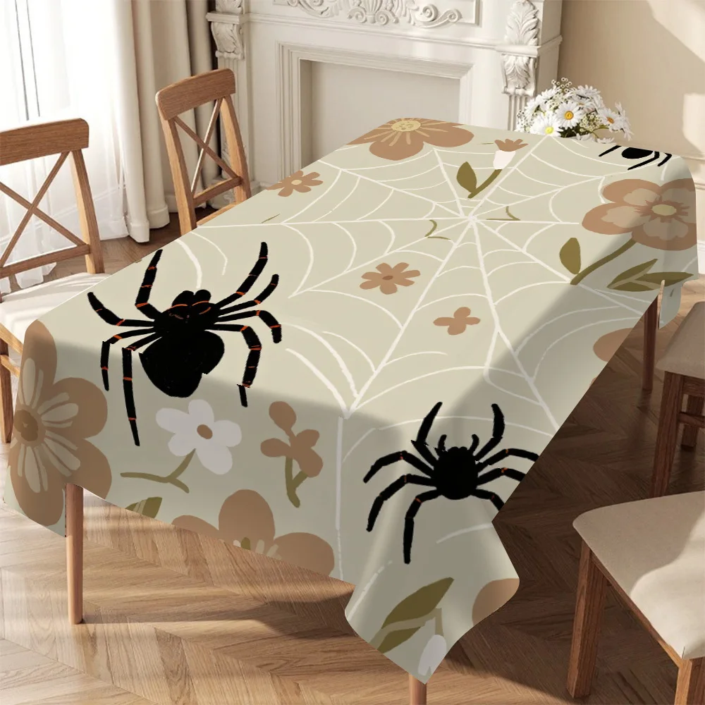 Halloween Rectangle Table Cloth Boho Floral Spider Web Table Cover Reusable Tablecloth for Halloween Party Indoor Outdoor Decor