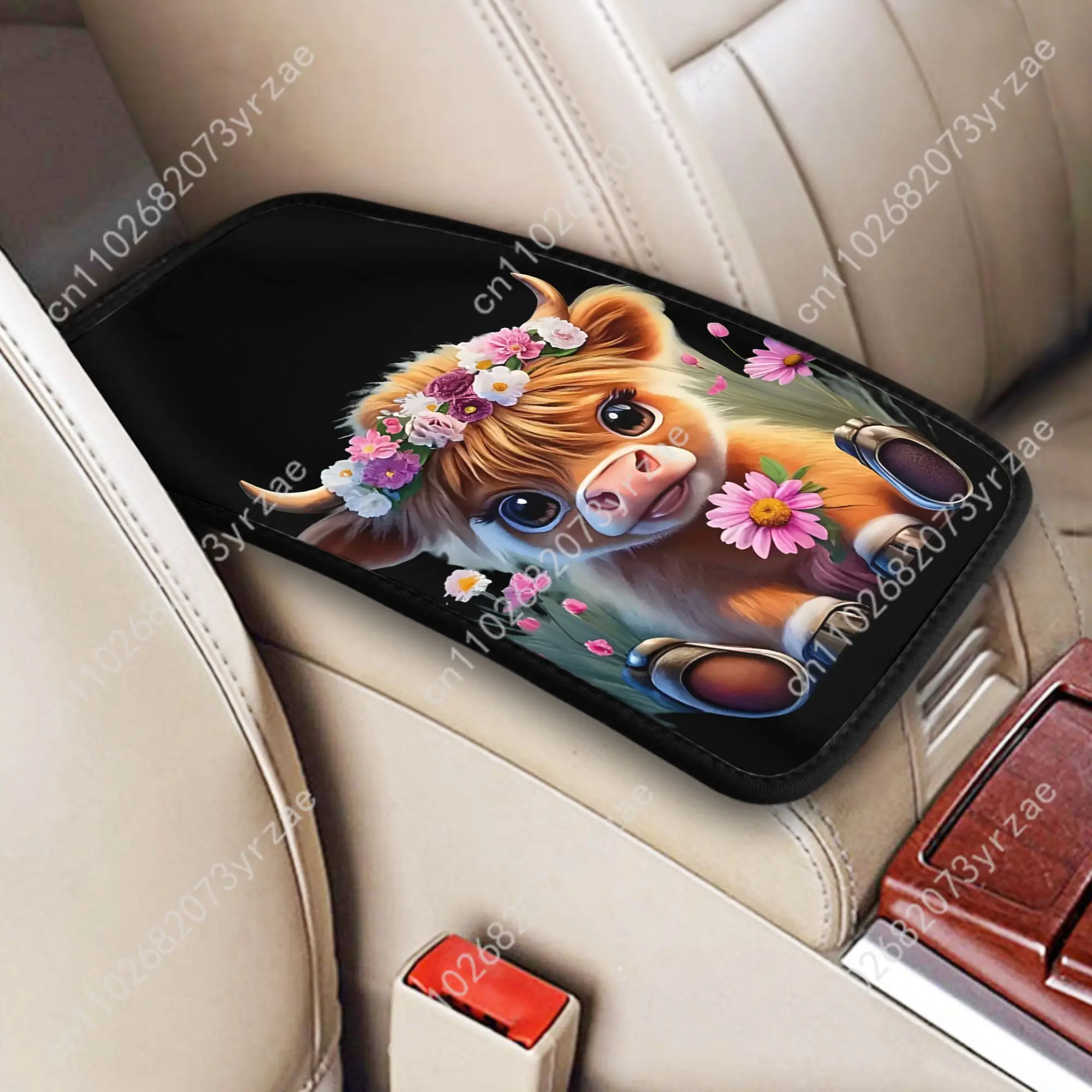 

Highland Cow Universal Car Armrest Cushion High Quality Non-Slip Car Armrest Cover Elastic Straps Car Interior Accessories