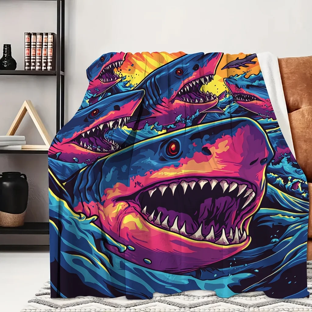 1pc Sunset School Shark Colorful Tropical Ocean Print Flannel Blanket, Skin-Friendly And Practical, Suitable for Blankets, Bed C