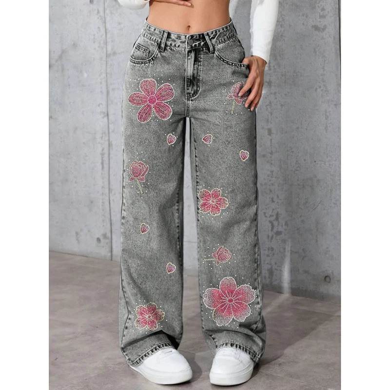Girls Colorful Printed Leisure Jeans Women Fashion Thin Stretch Denim Pants Female Classic Korean Straight Leg Trousers